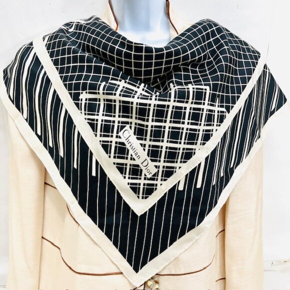 Unused  Christian Dior 100% Silk Scarf  Satin 32" x31" black white check   (19 - Picture 1 of 6